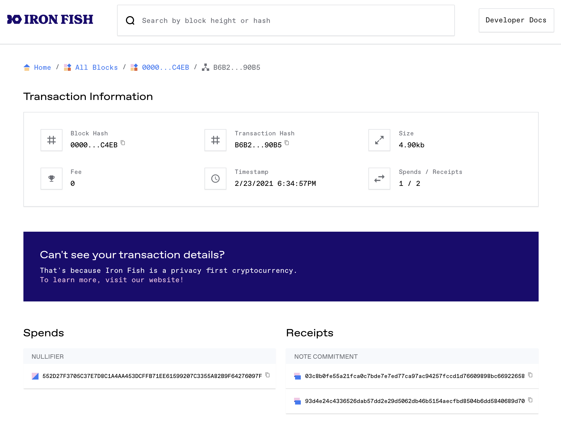 Transaction detail page on the Iron Fish Block Explorer